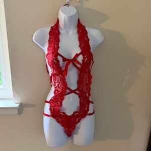 Red Lace Deep V Bodysuit